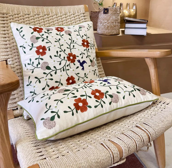 Bird Spring Flower Decorative Throw Pillows, Farmhouse Sofa Decorative Pillows, Embroider Flower Cotton Pillow Covers, Flower Decorative Throw Pillows for Couch-Art Painting Canvas
