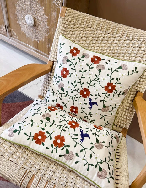 Bird Spring Flower Decorative Throw Pillows, Farmhouse Sofa Decorative Pillows, Embroider Flower Cotton Pillow Covers, Flower Decorative Throw Pillows for Couch-Art Painting Canvas