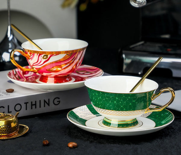 Ceramic Coffee Cup with Saucer Set of 2 Cups, Beautiful British Tea Cup and Saucer, Creative Porcelain Tea Cup Saucer Set, 6.8 oz Tea Cup and Saucer in Gift Box-Art Painting Canvas