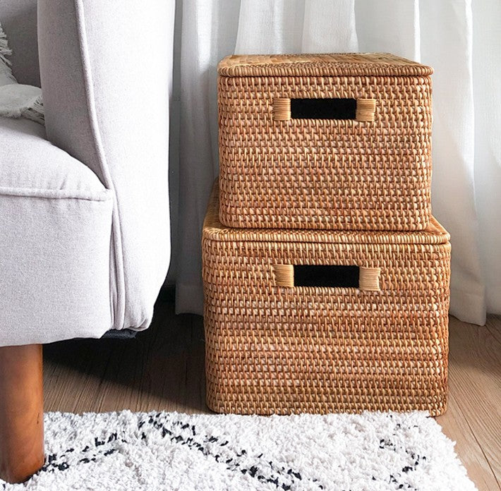 Rectangular Storage Basket With Lid, Rattan Basket For Shelves