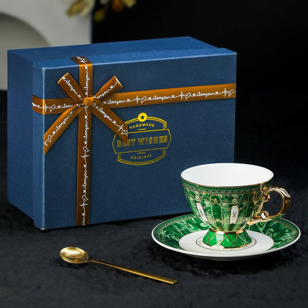 British Royal Tea Cup and Saucer in Gift Box, British Green Tea Cup set, 8 oz Elegant Ceramic Coffee Cups, Porcelain Tea Cup Saucer Set-Art Painting Canvas