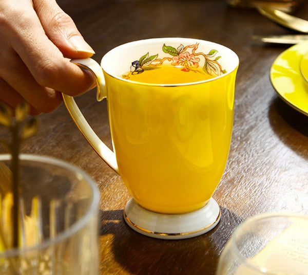 Creative Yellow Bone China Porcelain Tea Cup, Elegant Yellow Ceramic Mug, Unique Royal Ceramic Mugs, Beautiful British Tea Cups-Art Painting Canvas