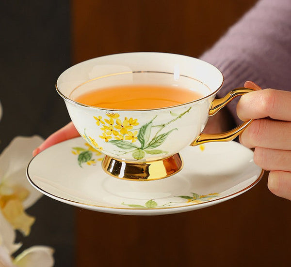Elegant Floral Ceramic Coffee Cup and Saucer, 7.4 oz Flower Tea Cup and Saucer Set, British Royal Ceramic Tea Cups for Traditional Afternoon Tea, Porcelain Tea Cup and Saucer Set in Gift Box-Art Painting Canvas