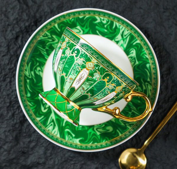 Porcelain Tea Cup and Saucer Set, British Royal Tea Cup and Saucer in Gift Box, 8 oz British Green Tea Cup set, Elegant Ceramic Coffee Cups-Art Painting Canvas
