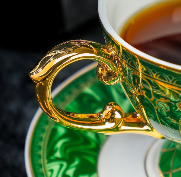 Porcelain Tea Cup and Saucer Set, British Royal Tea Cup and Saucer in Gift Box, 8 oz British Green Tea Cup set, Elegant Ceramic Coffee Cups-Art Painting Canvas