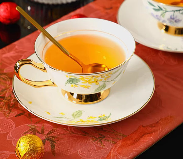 Elegant Floral Ceramic Coffee Cup and Saucer, 7.4 oz Flower Tea Cup and Saucer Set, British Royal Ceramic Tea Cups for Traditional Afternoon Tea, Porcelain Tea Cup and Saucer Set in Gift Box-Art Painting Canvas