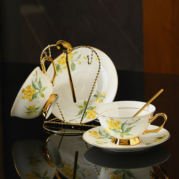 British Royal Ceramic Tea Cups for Traditional Afternoon Tea, 7.4 oz Floral Ceramic Coffee Cup and Saucer, Flower Tea Cup and Saucer Set, Porcelain Tea Cup and Saucer Set in Gift Box-Art Painting Canvas