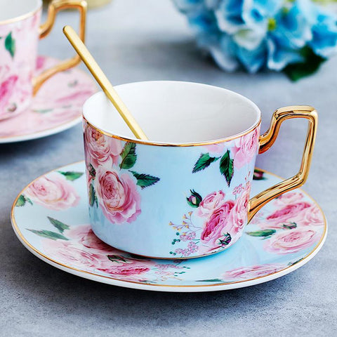 Blue Coffee Cups with Gold Trim and Gift Box, British Tea Cups, Porcelain Coffee Cups, Rose Flower Tea Cups and Saucers, Latte Coffee Cups-Art Painting Canvas