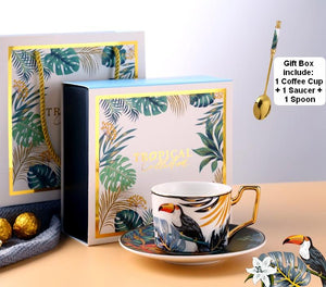Elegant Tea Cups and Saucers, Jungle Toucan Pattern Porcelain Coffee Cups, Coffee Cups with Gold Trim and Gift Box-Art Painting Canvas