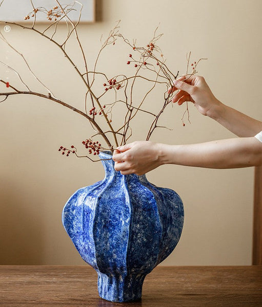 Modern Pottery Flower Vases, Handmade Water Holding Flower Vases, Centerpiece on Dining Table, Blue Ceramic Bud Vases, Tall Flower Vases on Table-Art Painting Canvas