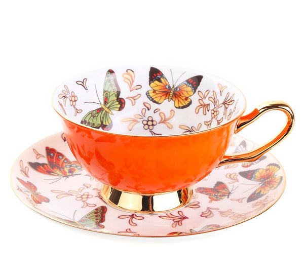 Creative Butterfly Ceramic Coffee Cups, Unique Butterfly Coffee Cups and Saucers, Beautiful British Tea Cups, Creative Bone China Porcelain Tea Cup Set-Art Painting Canvas