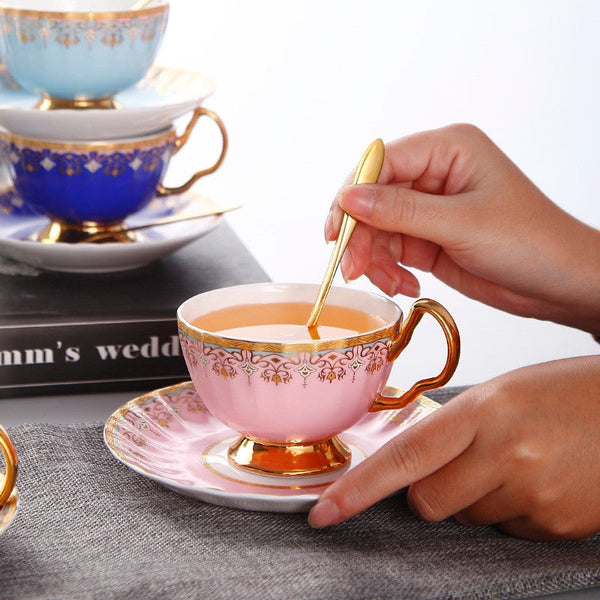 Unique British Tea Cup and Saucer in Gift Box, Pink Blue White Bone China Porcelain Tea Cup Set, Elegant British Ceramic Coffee Cups for Afternoon Tea-Art Painting Canvas