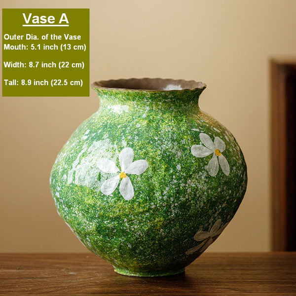 Modern Pottery Flower Vases, Centerpiece on Dining Table, Handmade Water Holding Flower Vases, Pottery Bud Vases, Large Green Flower Vases on Table-Art Painting Canvas