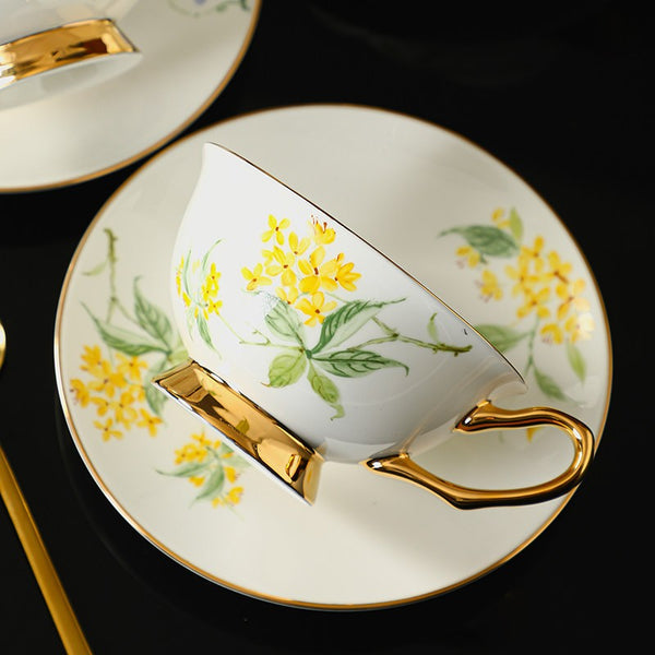 Porcelain Tea Cup Saucer Set, Unique Tea Cup and Saucer in Gift Box, 7.4 oz Floral Ceramic Coffee Cup with Saucer, Beautiful British Tea Cup and Saucer-Art Painting Canvas