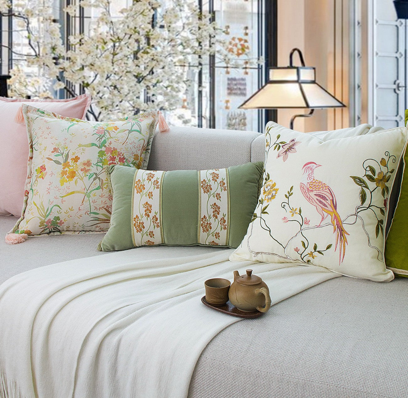 Embroidered Floral Bird Pattern Pillow Covers Living Room Decor