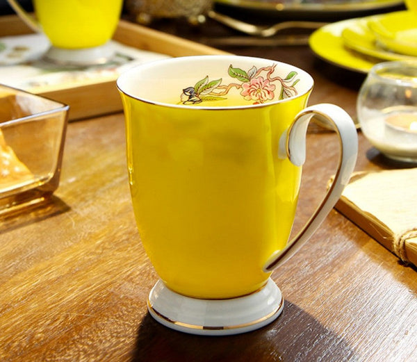 Creative Yellow Bone China Porcelain Tea Cup, Elegant Yellow Ceramic Mug, Unique Royal Ceramic Mugs, Beautiful British Tea Cups-Art Painting Canvas