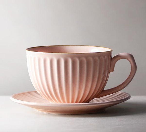 White Pottery Coffee Cups, Cappuccino Coffee Mug, Latte Coffee Cup, Pink Tea Cup, Ceramic Coffee Cup, Coffee Cup and Saucer Set-Art Painting Canvas