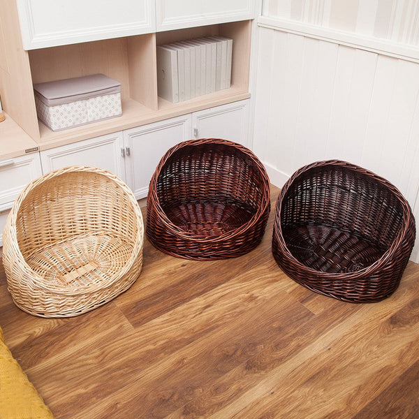 Natural Wicker Cat House Basket with Washable Cushion for Indoor Cats and Dogs, Hand woven Rattan Cat Bed