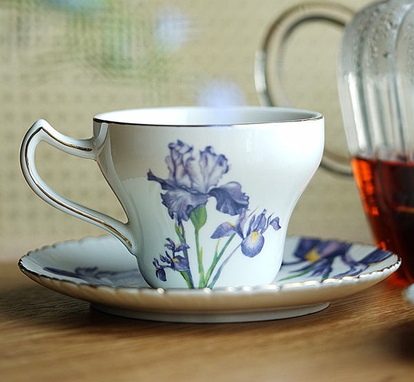Beautiful Porcelain Tea Cup Saucer Set, Iris Flower British Tea Cups, Traditional English Tea Cup and Saucer, Unique Ceramic Coffee Cups in Gift Box-Art Painting Canvas