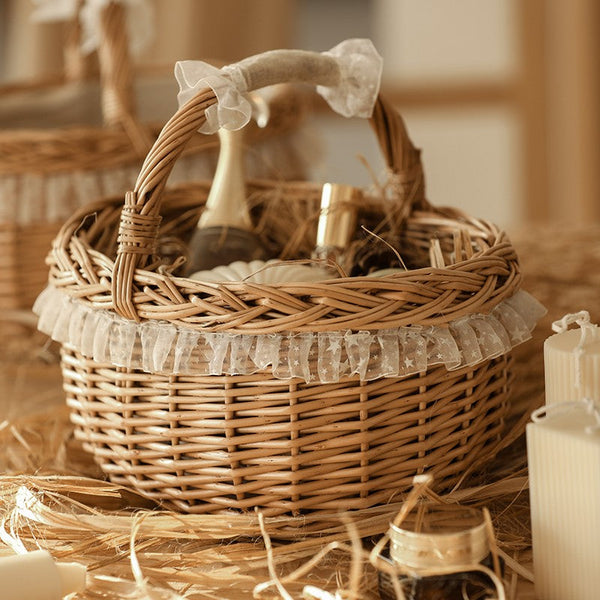 Storage Basket for Kitchen, Picnic Storage Basket with Handle, Hand-woven Wicker Storage Basket, Natural Fruit Basket, Willow Weaving Baskets for Shelves-Art Painting Canvas