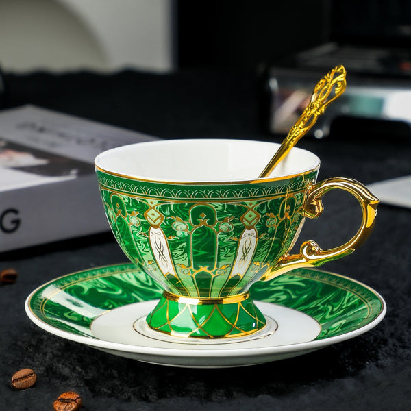 Porcelain Tea Cup and Saucer Set, British Royal Tea Cup and Saucer in Gift Box, 8 oz British Green Tea Cup set, Elegant Ceramic Coffee Cups-Art Painting Canvas