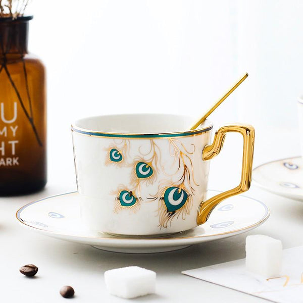 British Tea Cups, Coffee Cups with Gold Trim and Gift Box, Peacock Tail Pattern Porcelain Coffee Cups, Tea Cups and Saucers-Art Painting Canvas