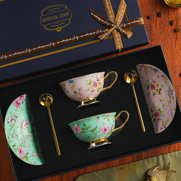 Floral Ceramic Coffee Cup with Saucer Set of 2 Cups, Creative Porcelain Tea Cup Saucer Set, 6.8 oz Tea Cup and Saucer in Gift Box, Beautiful British Tea Cup and Saucer-Art Painting Canvas