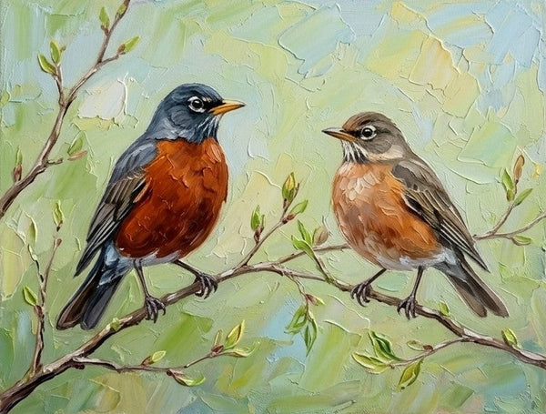 Hand Painted Canvas Art, American Robin Birds Painting, Original Oil Paintings, Love Bird Couple Painting, Small Canvas Paintings, Original Oil Paintings on Canvas