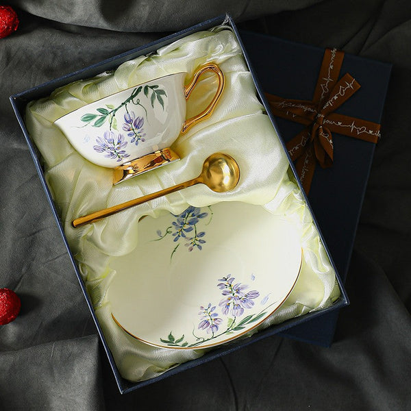Elegant Ceramic Coffee Cup and Saucer, 7.4 oz Floral Porcelain Tea Cup and Saucer Set, Flower Porcelain Cup and Saucer Set, Beautiful British Flower Tea Cups-Art Painting Canvas
