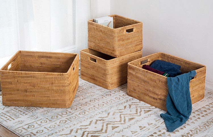 Large Handmade Rattan Storage Basket, Rectangular Basket With Handle
