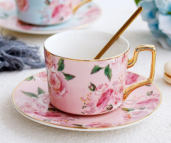 Blue Coffee Cups with Gold Trim and Gift Box, British Tea Cups, Porcelain Coffee Cups, Rose Flower Tea Cups and Saucers, Latte Coffee Cups-Art Painting Canvas