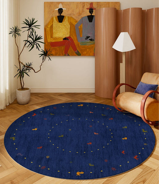 Blue Circular Modern Rugs for Bathroom, Geometric Modern Rug Ideas for Living Room, Modern Rugs for Children's Room, Abstract Contemporary Round Rugs for Dining Room-Art Painting Canvas