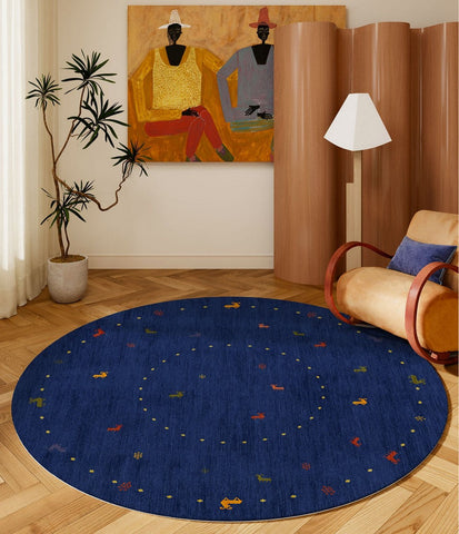 Blue Circular Modern Rugs for Bathroom, Geometric Modern Rug Ideas for Living Room, Modern Rugs for Children's Room, Abstract Contemporary Round Rugs for Dining Room-Art Painting Canvas