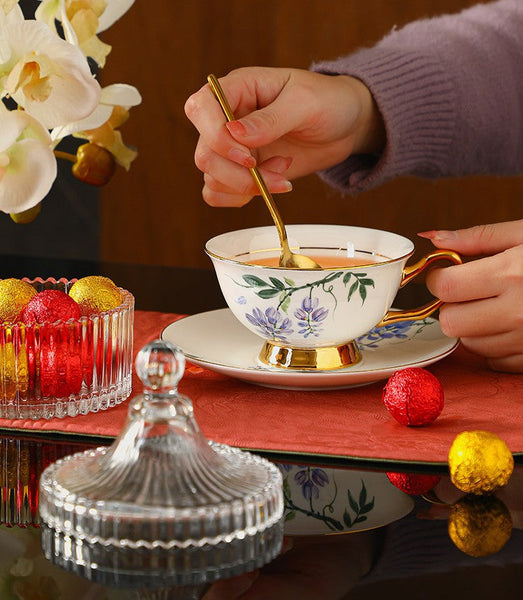 Ceramic Coffee Cup and Saucer, Flower Porcelain Cup and Saucer Set, 7.4 oz British Flower Tea Cups, Floral Porcelain Tea Cup and Saucer Set-Art Painting Canvas