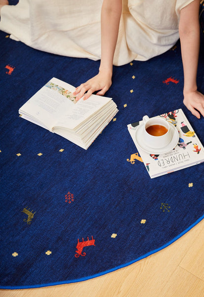 Blue Circular Modern Rugs for Bathroom, Geometric Modern Rug Ideas for Living Room, Modern Rugs for Children's Room, Abstract Contemporary Round Rugs for Dining Room-Art Painting Canvas