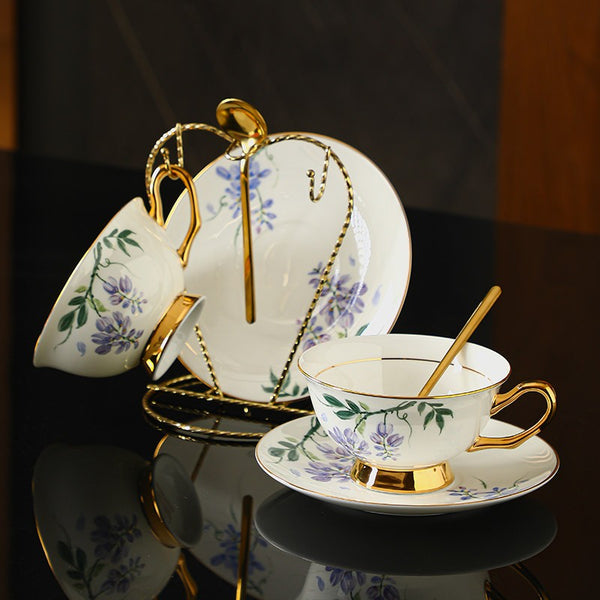 Ceramic Coffee Cup and Saucer, Flower Porcelain Cup and Saucer Set, 7.4 oz British Flower Tea Cups, Floral Porcelain Tea Cup and Saucer Set-Art Painting Canvas