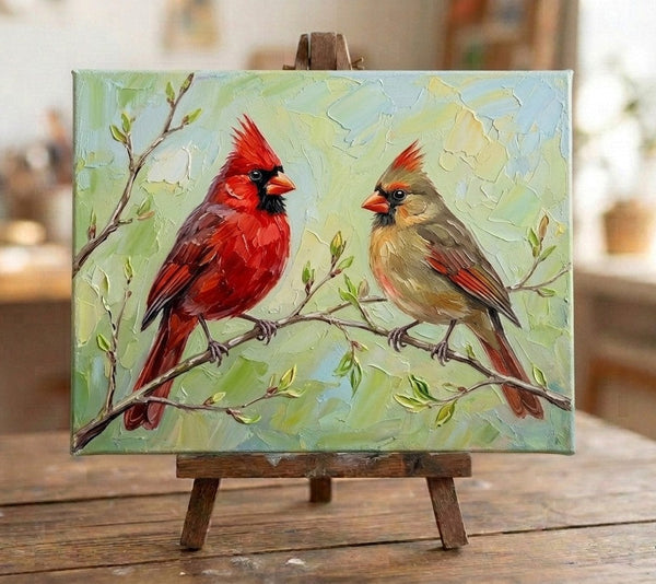 Hand Painted Canvas Art, Northern Cardinal Birds Painting, Love Bird Couple Painting, Original Oil Paintings, Small Canvas Wall Art Paintings, Original Oil Paintings for Sale