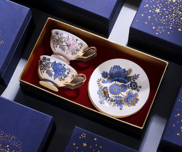 Elegant Ceramic Coffee Cups, Afternoon British Tea Cups, Unique Iris Flower Tea Cups and Saucers in Gift Box, Royal Bone China Porcelain Tea Cup Set-Art Painting Canvas