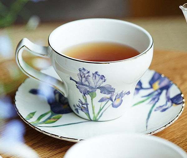 Beautiful Porcelain Tea Cup Saucer Set, Iris Flower British Tea Cups, Traditional English Tea Cup and Saucer, Unique Ceramic Coffee Cups in Gift Box-Art Painting Canvas