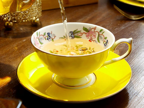Elegant Yellow Ceramic Cups, Unique Royal Coffee Cup and Saucer, Beautiful British Tea Cups, Creative Bone China Porcelain Tea Cup Set-Art Painting Canvas