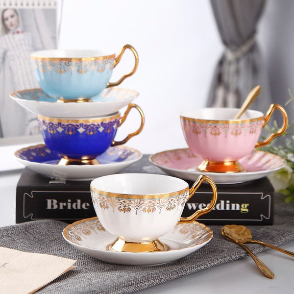 Pink Blue White Porcelain Tea Cup Saucer Set, Unique British Tea Cup and Saucer in Gift Box, Elegant British Ceramic Coffee Cups for Traditional Afternoon Tea-Art Painting Canvas