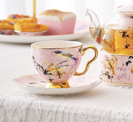 Elegant Pink Ceramic Coffee Cups, Unique Bird Flower Tea Cup and Saucer in Gift Box as Birthday Gift, Beautiful British Tea Cups, Royal Porcelain Tea Cup Set-Art Painting Canvas
