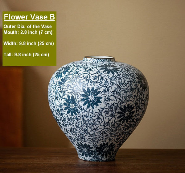 Vintage Bouquet Flower Vases, Centerpiece on Dining Table, Large Blue Flower Vase on Table, Handmade Porcelain Flower Vases Urn, Water Holding Flower Vases-Art Painting Canvas