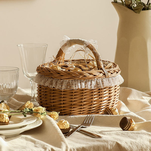 Storage Basket for Kitchen, Picnic Storage Basket with Handle, Hand-woven Wicker Storage Basket, Natural Fruit Basket, Willow Weaving Baskets for Shelves-Art Painting Canvas