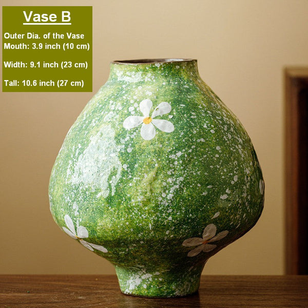 Modern Pottery Flower Vases, Centerpiece on Dining Table, Handmade Water Holding Flower Vases, Pottery Bud Vases, Large Green Flower Vases on Table-Art Painting Canvas