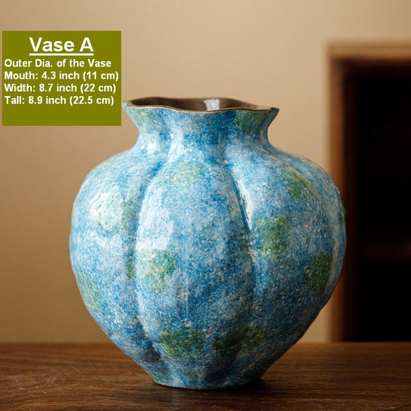 Centerpiece on Dining Table, Blue Flower Vase on Table, Handmade Water Holding Flower Vases, Pottery Flower Vases, Modern Bouquet Flower Vases-Art Painting Canvas