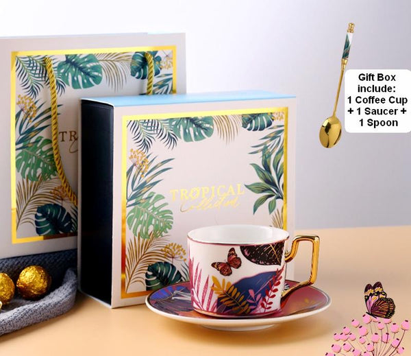Jungle Animals Porcelain Coffee Cups, Coffee Cups with Gold Trim and Gift Box, 7.4 oz Tea Cup and Saucer-Art Painting Canvas
