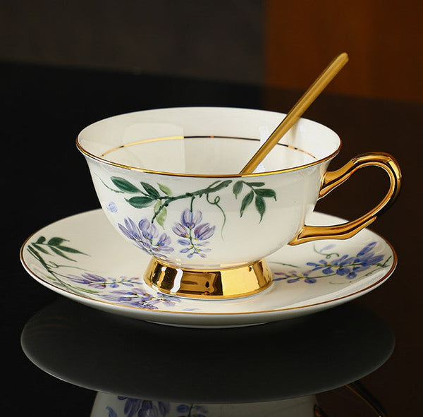 Unique Tea Cup and Saucer in Gift Box, Floral Ceramic Coffee Cup with Saucer, 7.4 oz British Tea Cup and Saucer, Porcelain Tea Cup Saucer Set-Art Painting Canvas