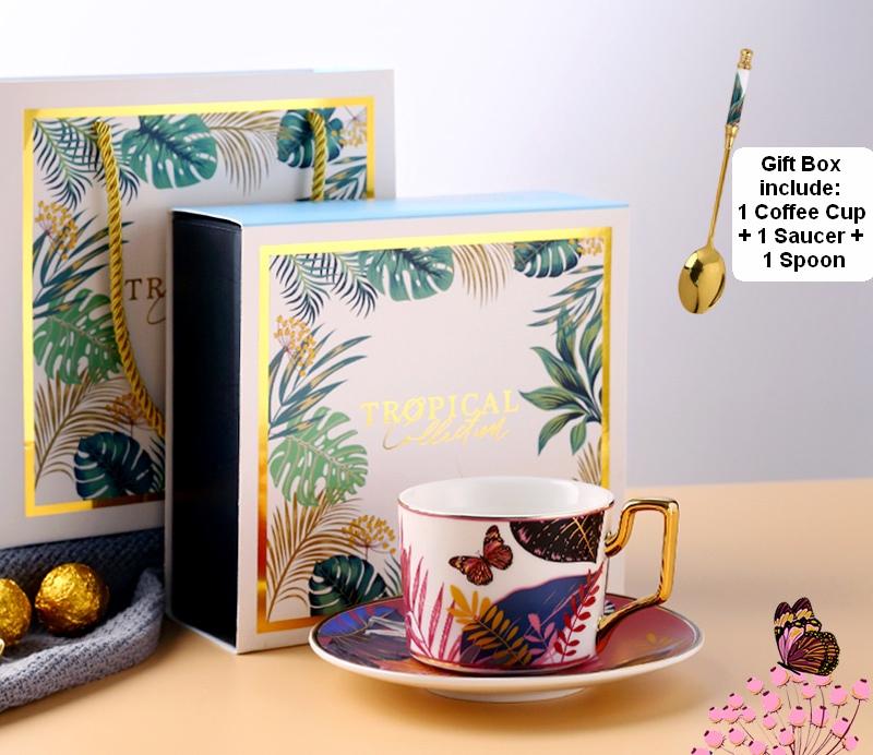 Butterfly Pattern Porcelain Coffee Cups, Coffee Cups with Gold Trim and Gift Box, Tea Cups and Saucers-Art Painting Canvas