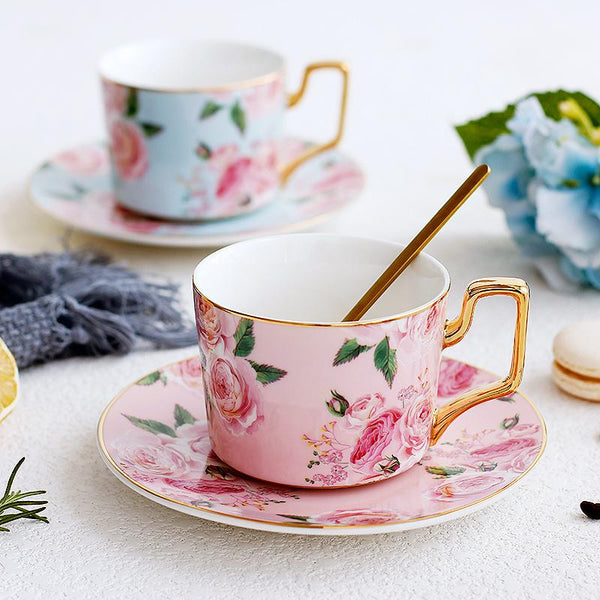 Blue Coffee Cups with Gold Trim and Gift Box, British Tea Cups, Porcelain Coffee Cups, Rose Flower Tea Cups and Saucers, Latte Coffee Cups-Art Painting Canvas